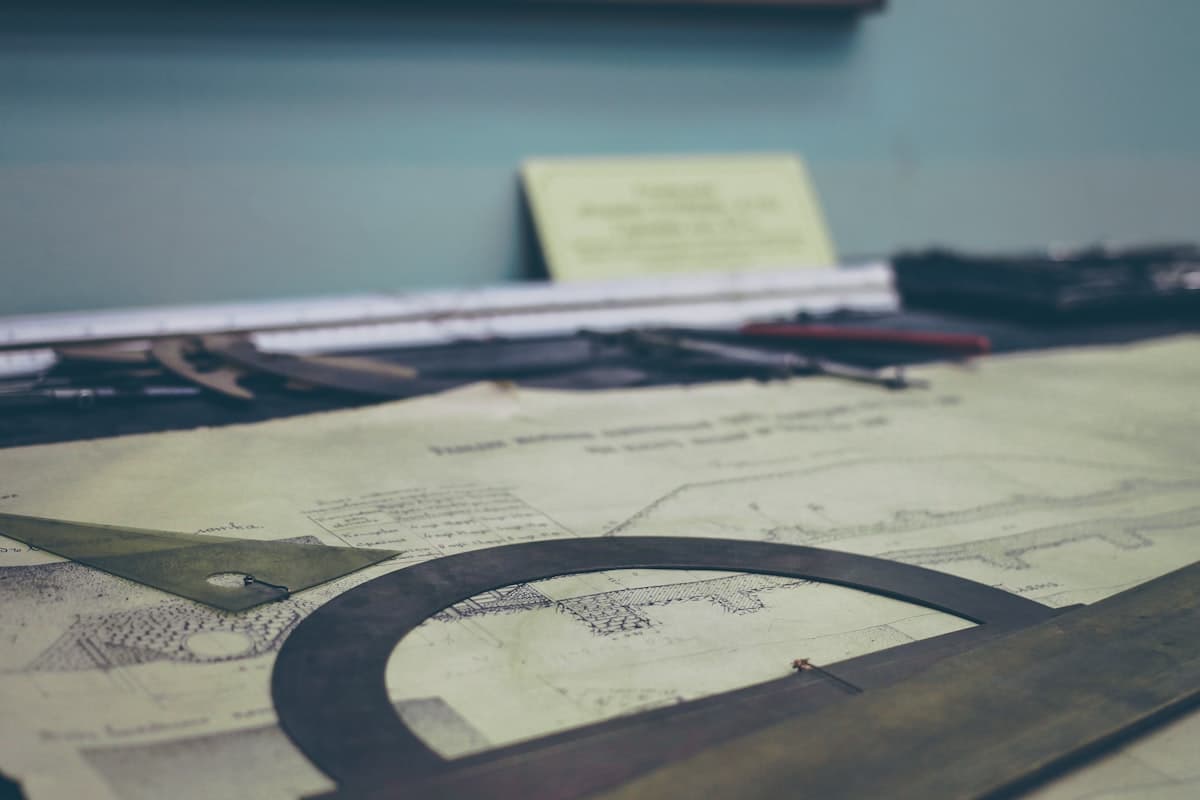 Drafting tools on a technical engineering drawing