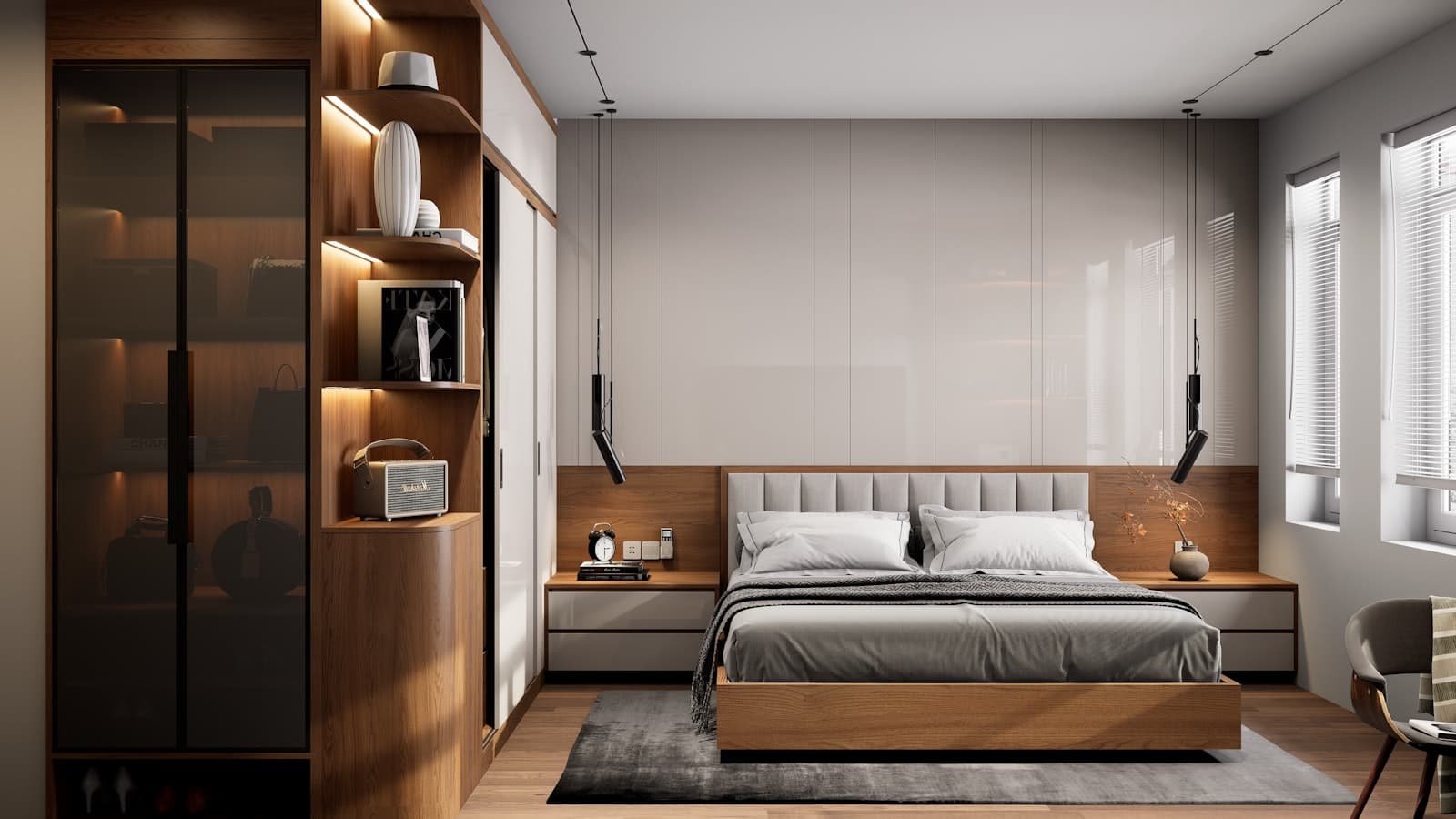 Apartment bedroom with warm wood accents