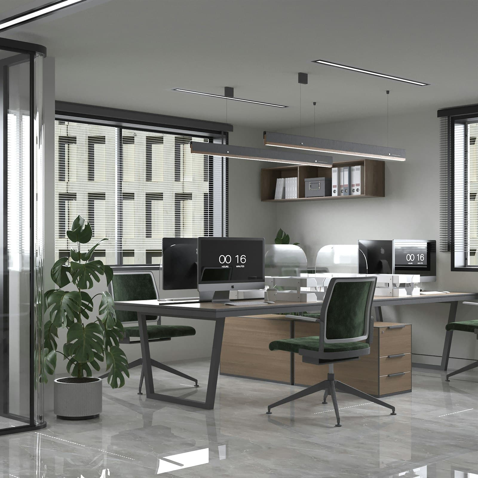 Creative office workspace with green upholstered chairs