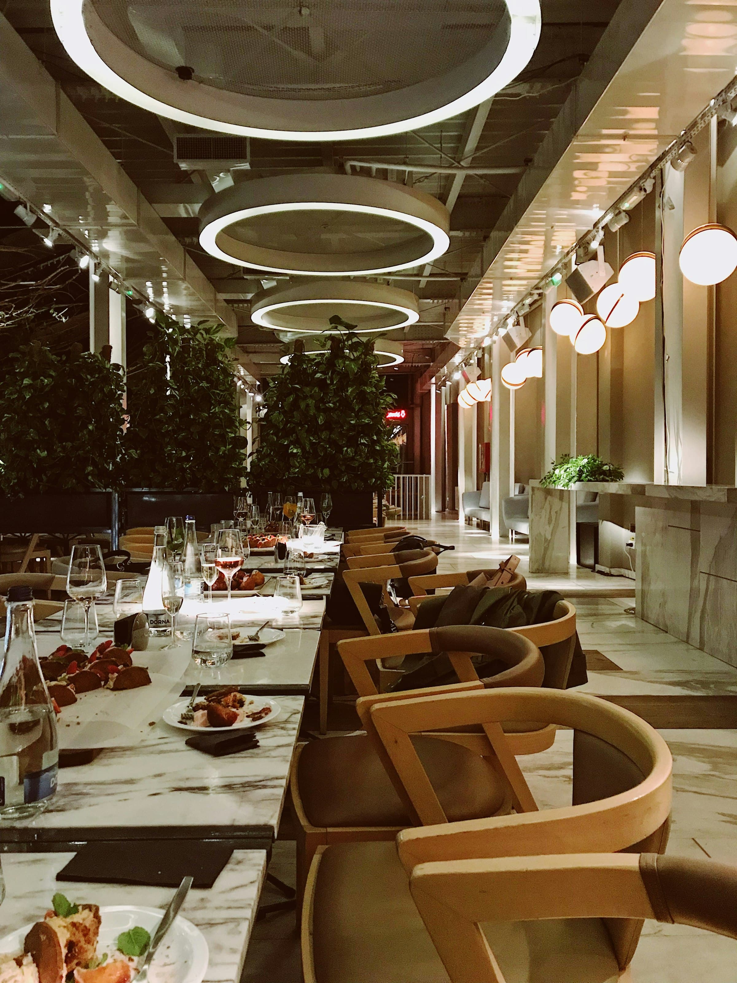 Elegant restaurant dining room with circular pendant lighting and greenery