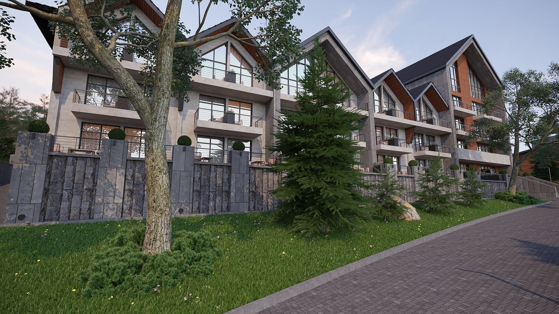 Jermuk Bellis residential architecture — modern alpine-style building with stone and timber facade