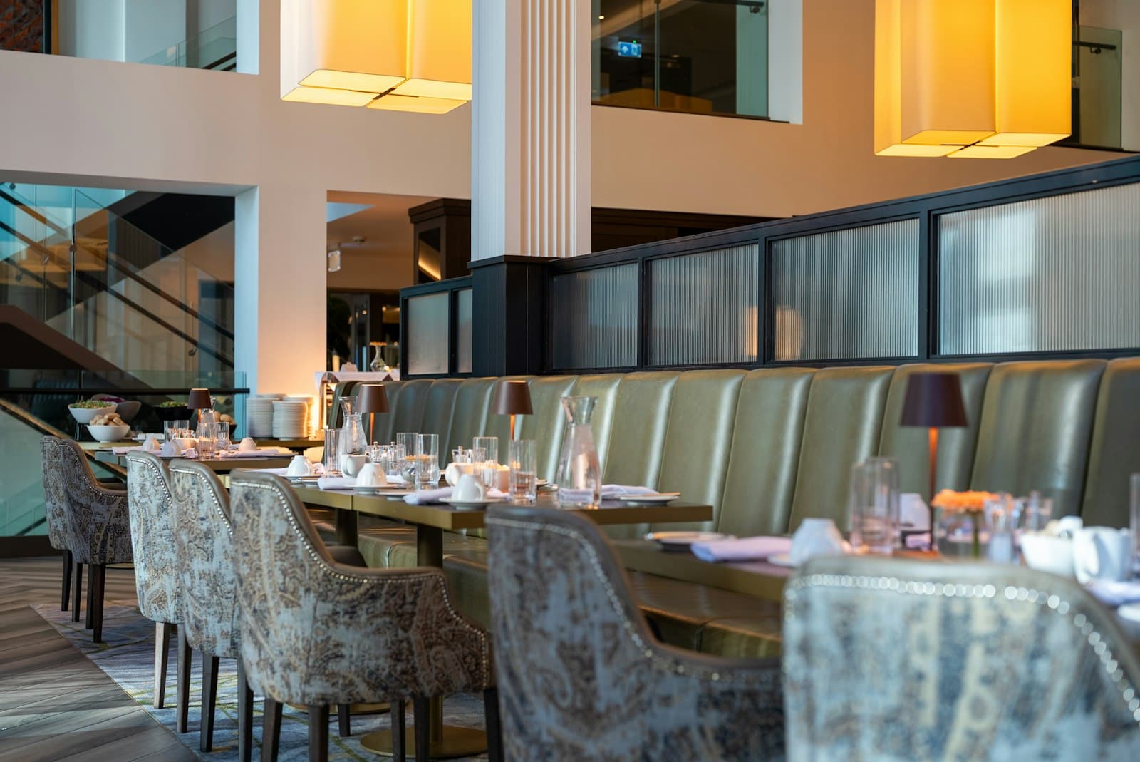 Kachin restaurant dining room with upholstered booth seating